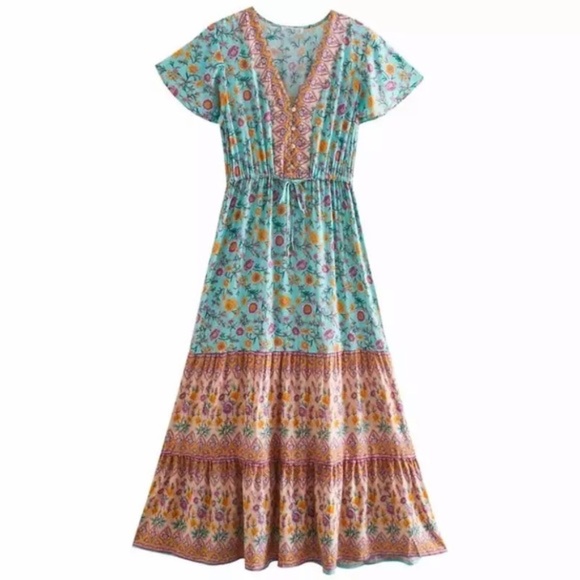 SOLD OUT Boho Gypsy Floral Short Sleeve Long Casual Dress - Picture 2 of 4